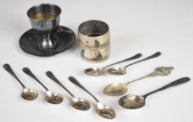 Hallmarked silver items comprising egg cup, set of six rat tail pattern coffee spoons and a