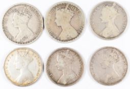 Six Victorian florins comprising two Gothic and four 1849 Godless examples, weight of all six 66g