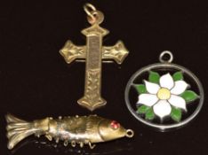 A 9ct gold cross (0.9g), Bond Boyd silver pendant set with enamel and a 14k gold charm in the form