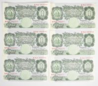 Six consecutive Bank of England P.S. Beale £1 banknotes, A59J prefix. Some very minor evidence of