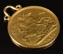 1899 gold half sovereign with pendant loop, 4g
