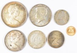 1945 Mexican 2 Pesos gold coin (1.66g 0.900 gold), 1966 Canada dollar, 1967 Canada 50 and 25 cent