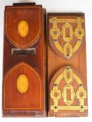 Two 19th C extending mahogany book safes one with inlaid shell decoration, the other with Gothic