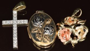 A 9ct gold locket with embossed rose decoration, 9ct tri-coloured gold rose pendant and 9ct gold
