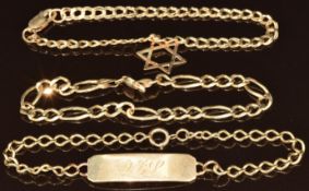 A 9ct gold bracelet made up of double oval links with Star of David charm, a 9ct gold curb link