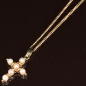 A 9ct gold cross pendant set with pearls on a 9ct gold chain, 6.4g, 40cm, 3cm