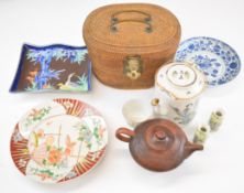 Chinese / Japanese ceramics including a pair of miniature enamelled vases, shaped dish, blue and