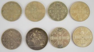 Victorian coinage comprising 1889 crown and seven double florins comprising four 1887, one 1889