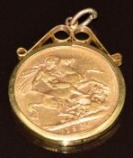 1926 gold full sovereign with South Africa mint mark, in 9ct gold pendant mount, 9.5g