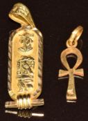 Two 18ct gold Egyptian pendants, 3.6g, 3.2 & 2cm
