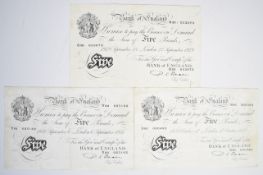 Three Bank of England P.S. Beale white £5 banknotes with security threads, London, dated 1949,