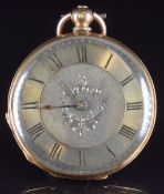 Stauffer Son & Co 18ct gold open faced pocket watch with blued hands, black Roman numerals, engraved