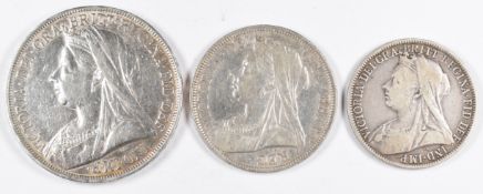 Victorian veiled head silver coinage comprising 1893 crown, 1895 halfcrown and 1899 florin
