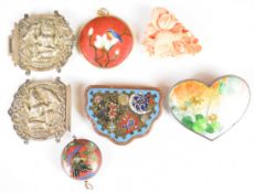 Cloisonné brooch, ginbari brooch, carved coral brooch, white metal Thai buckle, and cloisonné