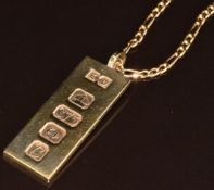 A 9ct gold ingot pendant with feature hallmarks (3.9cm) on 9ct gold chain (60cm), 19.8g