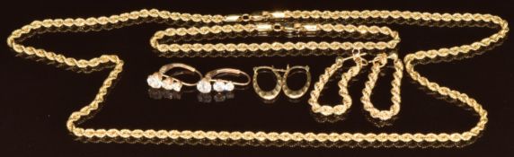 A 14k gold rope twist necklace and matching bracelet (7.6g, 17cm & 48cm) together with three pairs