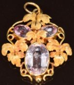 Victorian pendant set with three amethysts and ivy decoration, 4.4g, 3 x 2.5cm
