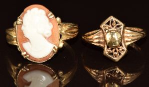 Two 9ct gold rings, one set with a cameo of a young woman, 5.7g, size K & Q