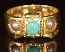 Victorian 18ct gold ring set with a turquoise cabochon and two split pearls, London 1876, 6.1g, size
