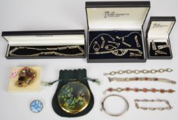 A collection of silver jewellery including two Rennie Mackintosh Collection necklaces and four pairs