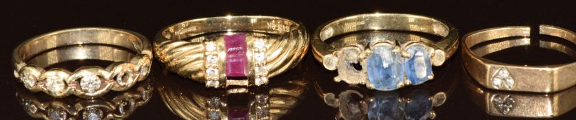 Four 9ct gold rings set with rubies, diamonds and sapphires (one band is cut and three missing