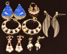 Five pairs of 9ct gold earrings variously set with opals, opals and paste, lapis lazuli, sapphire,