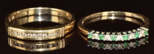 Two 9ct gold rings, one set with alternating emeralds and diamonds and the other diamonds, 3.6g,
