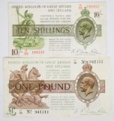 Bank of England N.F. Warren Fisher 10 Shillings and £1 banknotes, second issue (still with 'Ireland'
