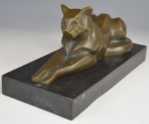 Art Deco style bronze cat on marble or similar base, with Fonderie Bords de Seine roundel to rear