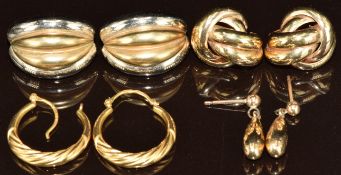 Four pairs of 9ct gold earrings including knots, hoops, etc, 7.9g
