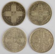 Four Victorian Gothic florins comprising 1859, 1872 and two 1873, weight 44g