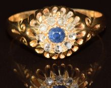 Edwardian 18ct gold ring set with a sapphire surrounded by old cut diamonds, Chester 1909, 3g,