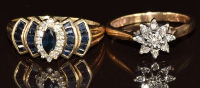 Two 9ct gold rings, one set with sapphires and diamond and one a diamond cluster, 5.6g, size O & R