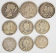 Nine Victorian silver coins including 1844 and 1899 crowns and a Gothic florin, weight 154g