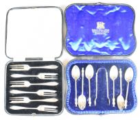 Two cased sets of hallmarked silver cutlery, one teaspoons with apostle finials and sugar tongs