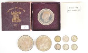 1935, 1937 and 1951 crowns, the Festival of Britain example in original box, together with six