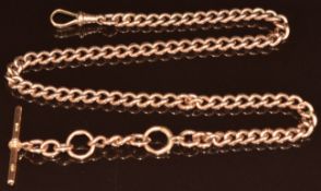 A c1920 9ct rose gold watch chain with bolt clasp, T bar and dog clip, 52.3g, 47.5cm