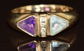 A 9ct gold ring set with amethyst, topaz and diamonds, 2.4g, size M