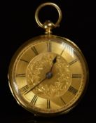Leander Beha of Bridgend 18ct gold open faced pocket watch with blued hands, black Roman numerals,