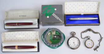 Three boxed Parker fountain pens, two pocket watches and a mini Marin 2000 hand held compass with