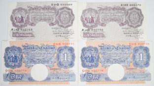 Four Bank of England K.O. Peppiatt banknotes consisting of a pair of 10 Shillings notes and a pair