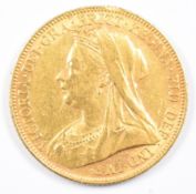 1901 Queen Victoria gold full sovereign with veiled head and Melbourne mint mark