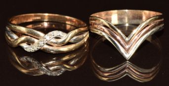 A 9ct gold tri-coloured 'V' ring and a 9ct gold ring set with diamonds, 2.8g, size Q & S
