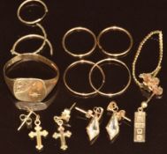 A 9ct gold signet ring, pair of 9ct gold cross earrings, two single 9ct gold earrings (3g) and three