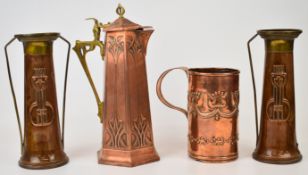 WMF Art Nouveau copper jug with hinged lid and brass mounts, Arts and Crafts copper tankard, twin