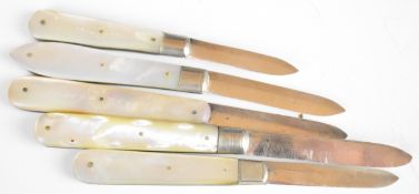 Five various hallmarked silver and mother of pearl folding fruit knives including an example with