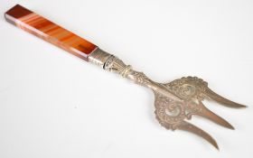Edward VII hallmarked silver pickle fork with agate handle, Birmingham 1908, maker  A J Bailey,
