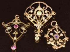 Three 9ct gold Edwardian pendants, one set with peridot and seed pearls, one amethyst and pearls and