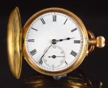 Continental 18ct gold keyless winding half hunter pocket watch with subsidiary seconds dial, black