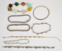 Pandora silver bangle and seven silver bracelets set with rubies, topaz, cubic zirconia, agate,